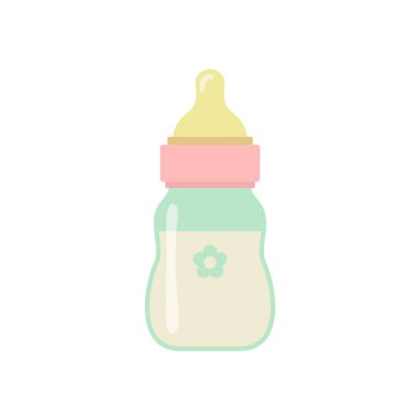 Bebek sütü şişesi. Basit bir düz ikon. Yeni yürümeye başlayanlar için çok önemli bir şey. Çocuk eşyaları, oyuncaklar, hijyen eşyaları ve giysi tasarımı için bir unsur. Çıkartmalar için yazdır. Bebek duşu kartları için tırman.