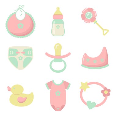 Bebek eşyaları hazır. Bebek eşyaları tasarımı için basit, şirin, düz ikonlar. Önlük. Bir şişe süt. Çiçek şeklinde bir tıkırtı. Bebek bezi. Meme ucu. Bebek lazımlığı. Banyo yapmak için plastik ördek. Vücut. Nesneler, oyuncaklar ve giysiler.