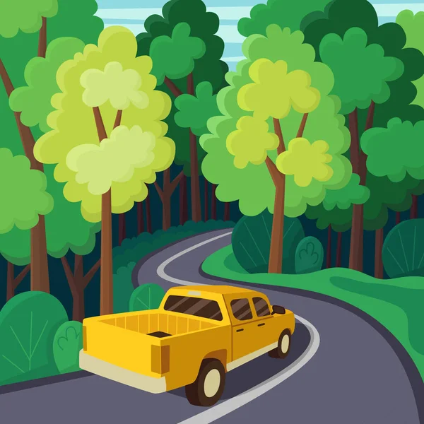 Summer Trip Landscape Cute Pickup Car Road Vector Illustration Flat — ストックベクタ