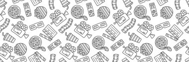 Cinema seamless pattern. Doodle hand drawn style. Cinema elements for media production, festival, theater background. Vector illustration. Movie night style print.