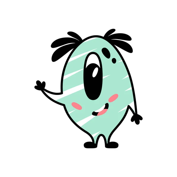 Funny Cartoon Blue Monster Waving His Hand Happily Fictional Character — Vetor de Stock