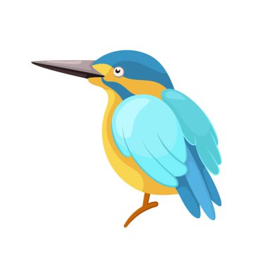 Cartoon sitting blue kingfisher in flat style. An unusual migratory small blue-yellow bird. Icon with a city bird. Picture for educational childrens book and ornithological encyclopedia.