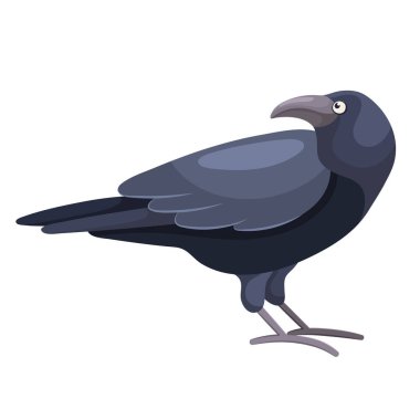 Cartoon black crow in flat style. Old sitting raven for a spooky festive Halloween design. Cute colorful city bird. Common European bird. Simple icon. Picture for educational childrens book.