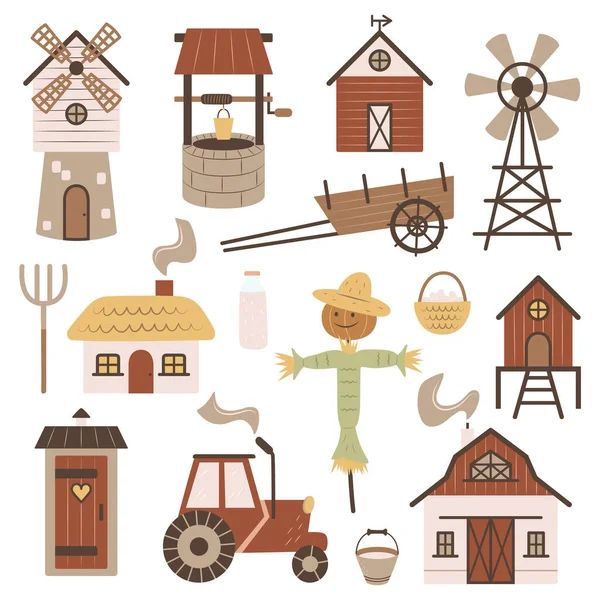 Collection Farm Buildings Agricultural Objects Set Simple Doodle Illustrations Barn — Stock Vector