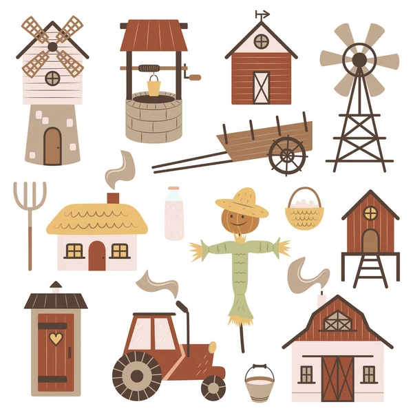 Colección Edificios Agrícolas Objetos Agrícolas Conjunto Simples Ilustraciones Garabatos Granero — Vector de stock