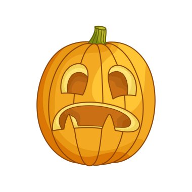 Balkabağı kafalı Jack 'e şaşırdım. Cadılar Bayramı için geleneksel bir karakter. Tebrik kartları, posterler, çıkartmalar, afişler ve tatil dekorları için basit bir tasarım unsuru. Sevimli çizgi film düz çizim.