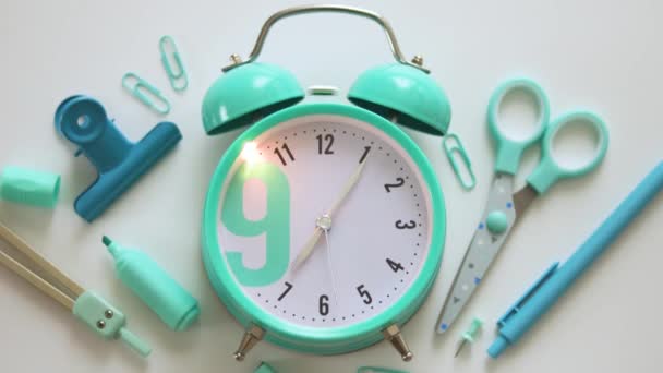 Alarm Clock Ringing Blue Alarm Clock School Supplies Accessories Time — Stock Video