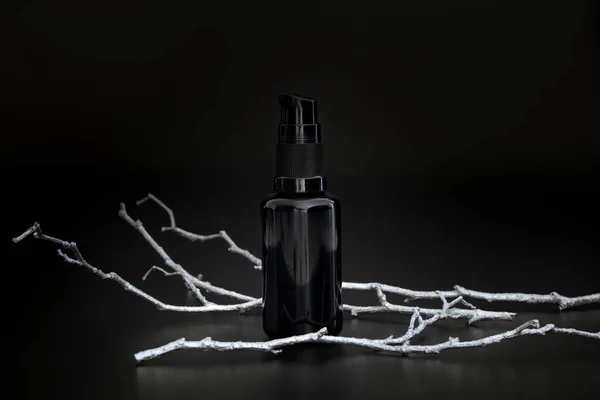 Fekete márkátlan kozmetikai szérum ezüst faággal. Bőrápolási termék bemutatása a fekete háttér. Elegáns makett. Bőrápolás, szépség és spa. — Stock Fotó
