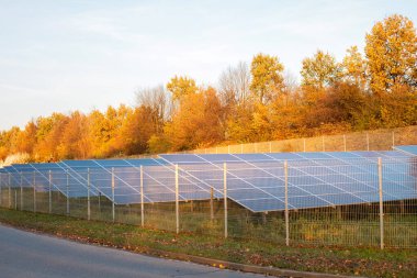 Ekoloji Elektrik Enerji Çiftliği. Sonbahar manzarasında güneş panelleri. Alternatif enerji.
