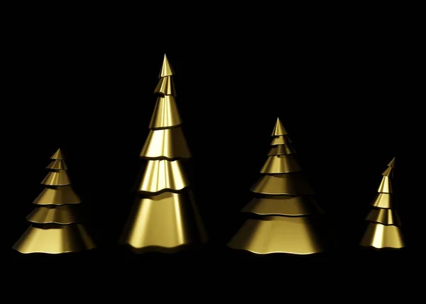 Χρυσά μεταλλικά πεύκα, έλατα σε μαύρο φόντο. Χριστούγεννα 3D απεικόνιση καθιστούν. Πρωτοχρονιάτικα δέντρα. Xmas φόντο, μοντέρνο σχεδιασμό. — Φωτογραφία Αρχείου