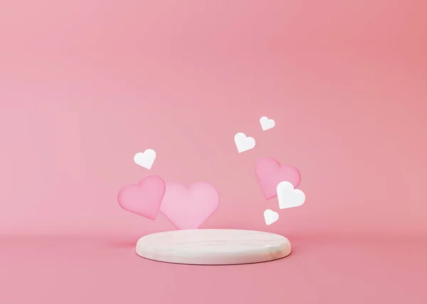 Λευκό μαρμάρινο βάθρο με καρδιές σε ροζ φόντο. Ημέρα του Αγίου Βαλεντίνου. Στόμιο για το προϊόν, καλλυντική παρουσίαση. Δημιουργική κοροϊδία. Pedestal ή πλατφόρμα για τα προϊόντα ομορφιάς. 3D απεικόνιση. — Φωτογραφία Αρχείου
