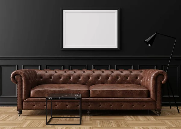 Empty picture frame on black wall in modern living room. Mock up interior in classic style. Free space, copy space for your picture. Brown leather sofa. 3D rendering. —  Fotos de Stock