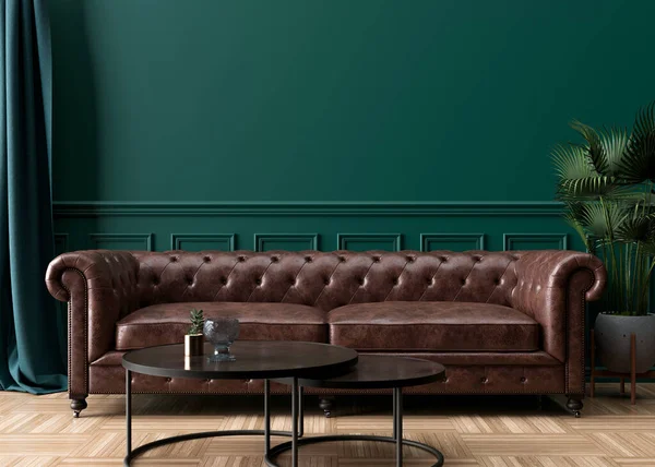 Empty green wall in modern living room. Mock up interior in classic style. Free space, copy space for your picture, text, or another design. Brown leather sofa, plant, parquet floor. 3D rendering. — Stock fotografie