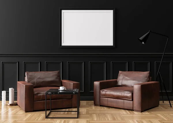 Pusta ramka na czarnej ścianie w nowoczesnym salonie. Modyfikować wnętrze w klasycznym stylu. Wolna przestrzeń, kopiuj miejsce na swoje zdjęcie. Brązowe skórzane fotele. Renderowanie 3D. — Zdjęcie stockowe