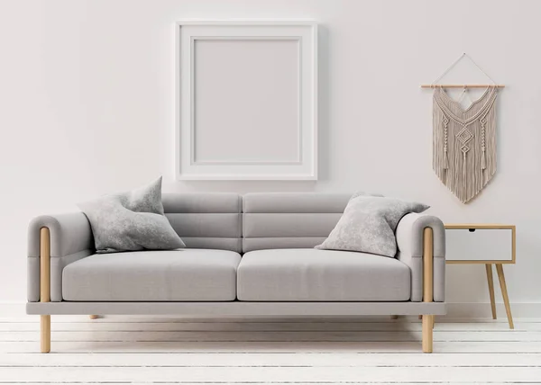 Κενό πλαίσιο εικόνας σε λευκό τοίχο στο σύγχρονο σαλόνι. Σκαλίστε το εσωτερικό σε σκανδιναβικό, boho στυλ. Ελεύθερος χώρος, αντίγραφο χώρου για την εικόνα σας. Γκρι καναπέ. 3D απόδοση. — Φωτογραφία Αρχείου