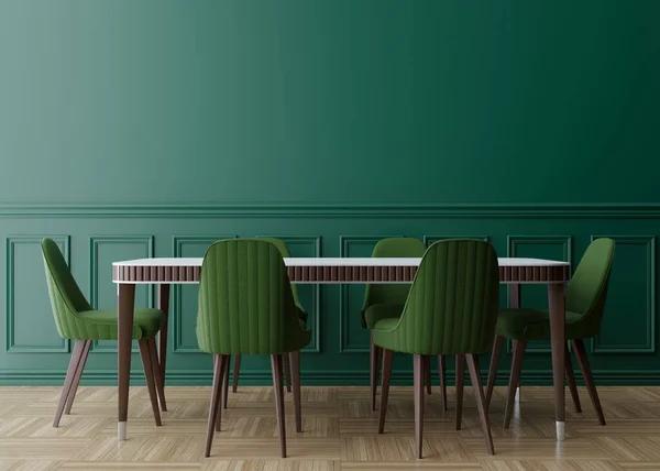 Empty green wall in modern dining room. Mock up interior in classic style. Free space, copy space for your picture, text, or another design. Dinig table with green chairs, parquet floor. 3D rendering. — Stock Fotó