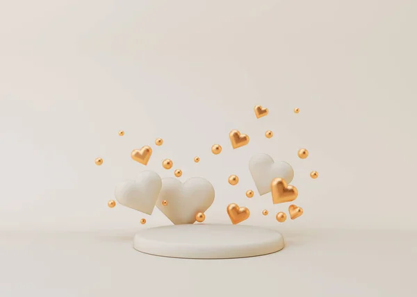 Cream white podium with hearts and golden balls. Valentines Day, Wedding, Anniversary. Podium for product, cosmetic presentation. Mock up. Pedestal or platform for beauty products. 3D illustration. — 图库照片