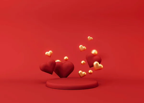 Dark red podium with hearts and golden balls. Valentines Day. Podium for product, cosmetic presentation. Mock up. Pedestal or platform for beauty products. 3D illustration. — 图库照片