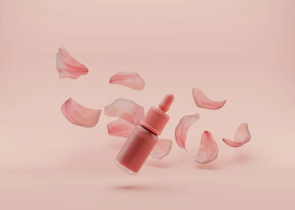 Pink glass bottle of cosmetic liquid on the pink background. Gel with flowers petals flying in the air. Dropper bottle, hyaluronic acid, oil, serum, skin care product. 3D rendering. — Photo