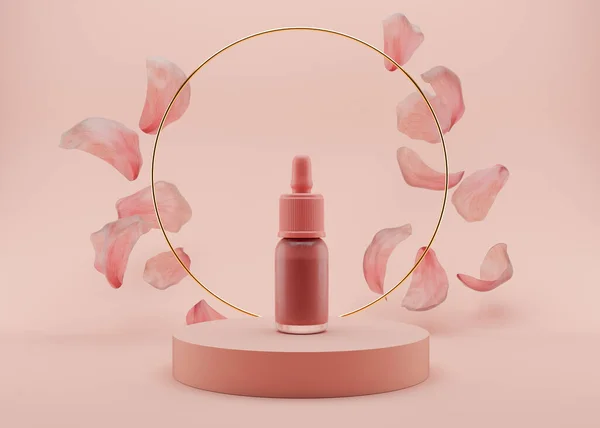 Pink glass bottle of cosmetic liquid, gel standing on pink podium, with golden ring and flowers petals flying in the air. Dropper bottle, hyaluronic acid, oil, serum, skin care product. 3D rendering. — Stock Fotó