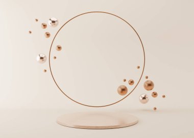 Podium with copper ring and flying, glossy metallic spheres on cream background. Elegant podium for product, cosmetic presentation. Mock up. Pedestal or platform for beauty products. 3D rendering.