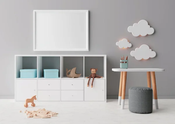 Empty picture frame on gray wall in modern child room. Mock up interior in scandinavian style. Free, copy space for your picture. Console, table with chairs, toys. Cozy room for kids. 3D rendering. — Φωτογραφία Αρχείου