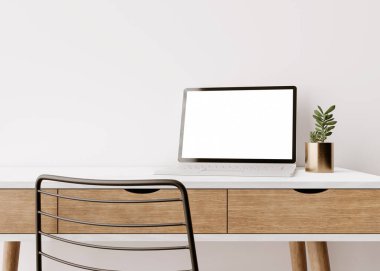 Laptop with blank white screen on wooden table at home or in office. Computer mock up. Free space for app, game, web site presentation. Cozy interior with white wall, chair, plant. 3D rendering.