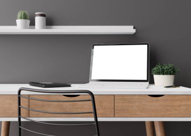 Laptop with blank white screen on wooden table at home or in office. Computer mock up. Free space for app, game, web site presentation. Cozy interior with gray wall, chair, plants. 3D rendering.