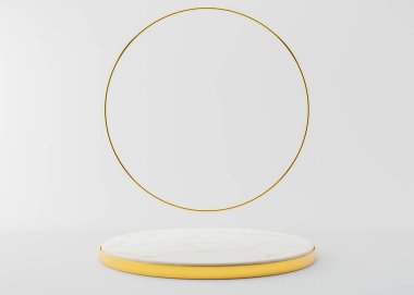 Beyaz arka planda altın yüzüğü olan mermer bir podyum. Ürün için şık bir podyum, kozmetik sunumu. Lüks modeller. Güzellik ürünleri için yayalar veya platformlar. Boş sahne. 3B görüntüleme.