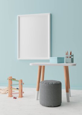 Modern çocuk odasındaki mavi duvara boş dikey resim çerçevesi. İç mekanı İskandinav tarzıyla süsleyin. Bedava, resmin için kopyalama alanı. Masa, oyuncaklar. Çocuklar için rahat bir oda. 3B görüntüleme.