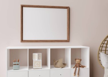 Modern çocuk odasındaki açık kahverengi duvara boş resim çerçevesi. İç mekanın İskandinav tarzında, boho tarzı. Bedava, resmin için kopyalama alanı. Konsol, oyuncaklar. Çocuklar için rahat bir oda. 3B görüntüleme.