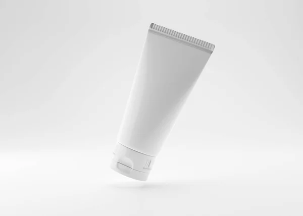 White and blank, unbranded cosmetic cream tube on white background. Skin care product presentation. Minimalist mockup. Free space for your graphic design. Skincare, beauty and spa. 3D rendering. — Stock Photo, Image