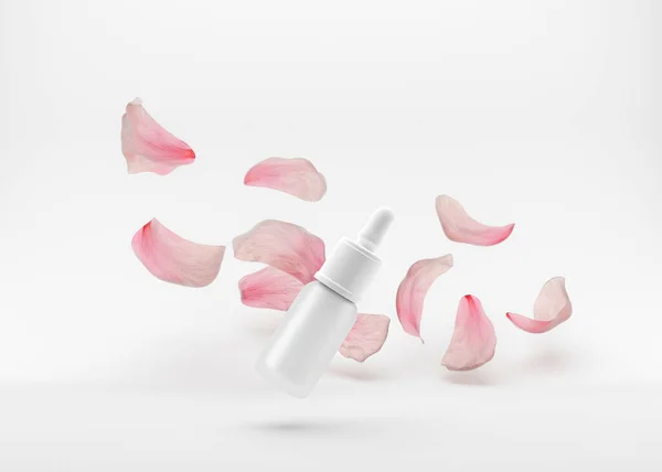 Bottiglia di vetro bianco di liquido cosmetico sullo sfondo bianco. Gel con petali di fiori che volano in aria. Flacone contagocce, acido ialuronico, olio, siero, prodotto per la cura della pelle. Rendering 3D. — Foto Stock