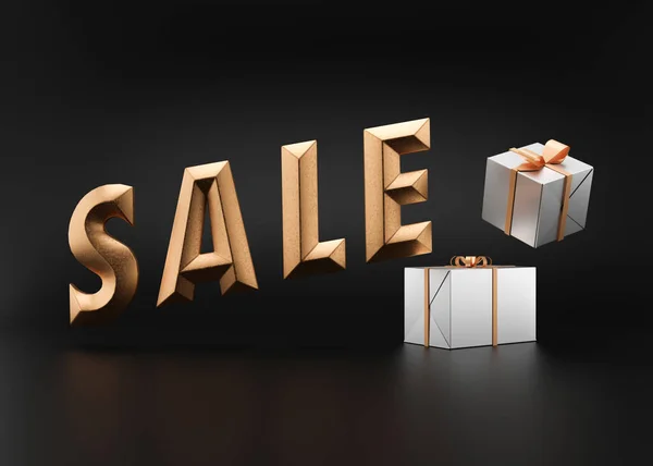 Verkoop tekst met cadeautjes. Gouden letters en geschenken op zwarte achtergrond. Speciale aanbieding, goede prijs, deal, winkelen. Zwarte vrijdag. 3d weergave. Realistische 3D objecten ontwerp. — Stockfoto