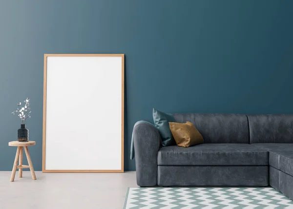 Prázdný vertikální rám obrazu na modré stěně v moderním obývacím pokoji. Smiř se s interiérem ve skandinávském stylu. Volné místo pro focení. Modrá pohovka a dřevěný stůl s vázou. 3D vykreslování. — Stock fotografie