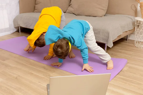Dos niños caucásicos haciendo ejercicios de fitness en casa. Los niños se divierten durante el deporte. Los chicos hacen entrenamiento, mirando la computadora. Deporte, yoga en línea. Entrenamiento en el apartamento. Estilo de vida saludable. —  Fotos de Stock