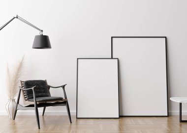 Modern oturma odasında iki boş dikey resim çerçevesi. İç dekorasyonu çağdaş tarzda yapın. Resim için boş yer, poster. Koltuk, lamba, otlu vazo. 3B görüntüleme.