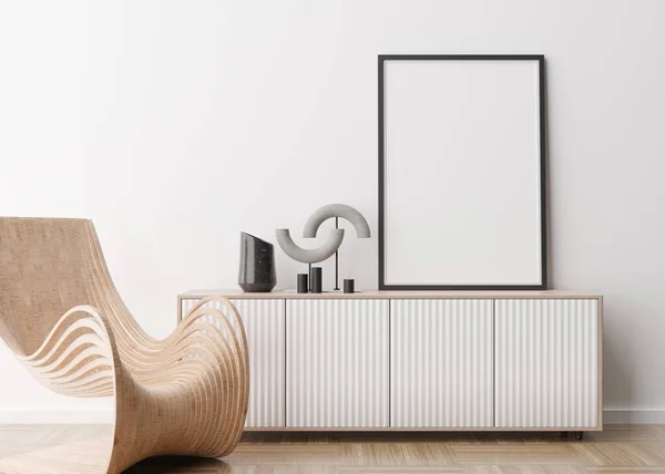 Κενό κάθετο πλαίσιο εικόνας σε λευκό τοίχο στο σύγχρονο σαλόνι. Ετοίμασε το εσωτερικό σε μοντέρνο στυλ. Ελεύθερος χώρος για φωτογραφία, αφίσα. Κονσόλα, πολυθρόνα. 3D απόδοση. — Φωτογραφία Αρχείου
