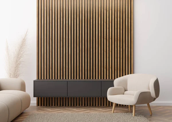 Empty decorative wooden wall in modern living room. Mock up interior in minimalist, contemporary style. Free space, copy space for your picture or poster. Armchair, sofa, pampas grass. 3D rendering.