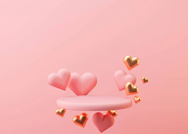 Pink podium with hearts flying in the air. Valentines Day, Wedding, Anniversary. Podium for product, cosmetic presentation. Mock up. Pedestal or platform for beauty products. 3D illustration. — 图库照片