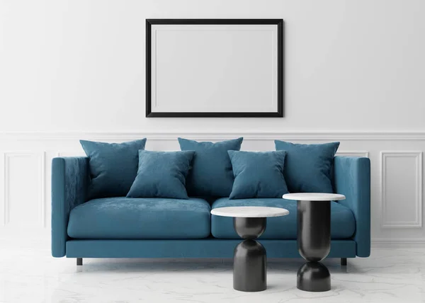 Marco de imagen negro vacío en la pared blanca en la sala de estar moderna. Prepara el interior en estilo clásico. Espacio libre, espacio de copia para su imagen. Sofá azul. Renderizado 3D. — Foto de Stock