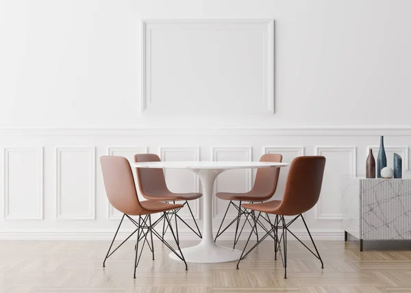 Пустой каркас на белой стене в современной столовой. Образец интерьера в классическом стиле. Свободное место, копировать пространство для фотографии, текста или другого дизайна. Стол, стулья, паркетный пол. 3D рендеринг — стоковое фото