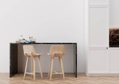 Modern mutfakta boş beyaz duvar. İç mekanı minimalist, çağdaş tarzda düzenle. Boş alan, resim, metin ya da başka bir tasarım için boşluk kopyala. Masa, sandalyeler. 3B görüntüleme.