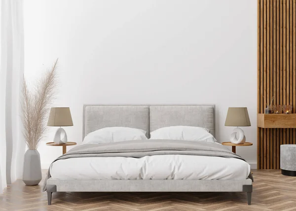 现代舒适的卧室里空荡荡的白色墙壁。模仿当代风格的室内装潢.为你的图片、文字或其他设计提供空闲空间、复制空间。床，灯，餐点，帮扶草。3D渲染. — 图库照片