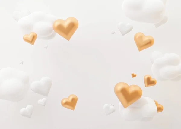 White and golden hearts and clouds. Valentines Day background with free space for text, copy space. Postcard, greeting card design with hearts. 3D illustration. Love. — Stock Photo, Image
