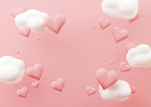 Ροζ καρδιές και άσπρα σύννεφα. Ημέρα του Αγίου Βαλεντίνου φόντο με ελεύθερο χώρο για κείμενο, αντίγραφο χώρου. Ταχυδρομική κάρτα, σχεδιασμός ευχετήριας κάρτας με καρδιές. 3D απεικόνιση. Αγάπη. — Φωτογραφία Αρχείου