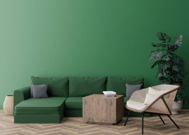 Modern oturma odasında boş yeşil duvar. İç dekorasyonu çağdaş tarzda yapın. Boş alan, resmin ya da posterin için yer kopyala. Rattan koltuğu, kanepe, canavar bitkisi. 3B görüntüleme.