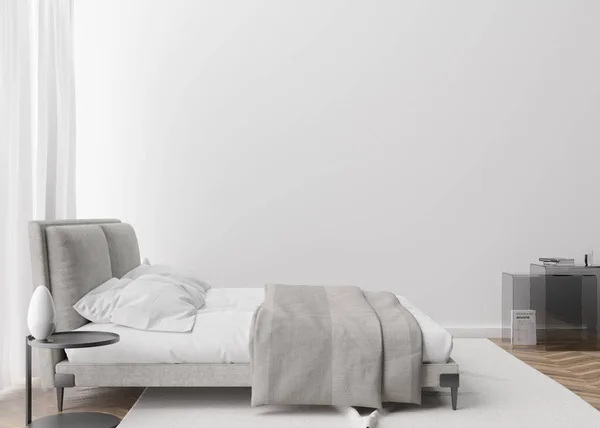 现代舒适的卧室里空荡荡的白色墙壁。模仿当代风格的室内装潢.为你的图片、文字或其他设计提供空闲空间、复制空间。床，灯，餐点。3D渲染. — 图库照片