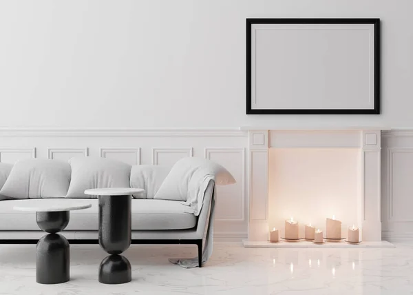 Marco de imagen negro vacío en la pared blanca en la sala de estar moderna. Prepara el interior en estilo clásico. Espacio libre, espacio de copia para su imagen. Sofá blanco, mesas, chimenea con velas. Renderizado 3D. — Foto de Stock