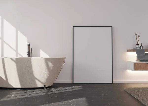 Quadro de imagem vertical em branco em pé no chão no banheiro moderno. Mock up interior em estilo contemporâneo. Espaço livre para fotografia, cartaz. Banheira, carpete. Renderização 3D. — Fotografia de Stock
